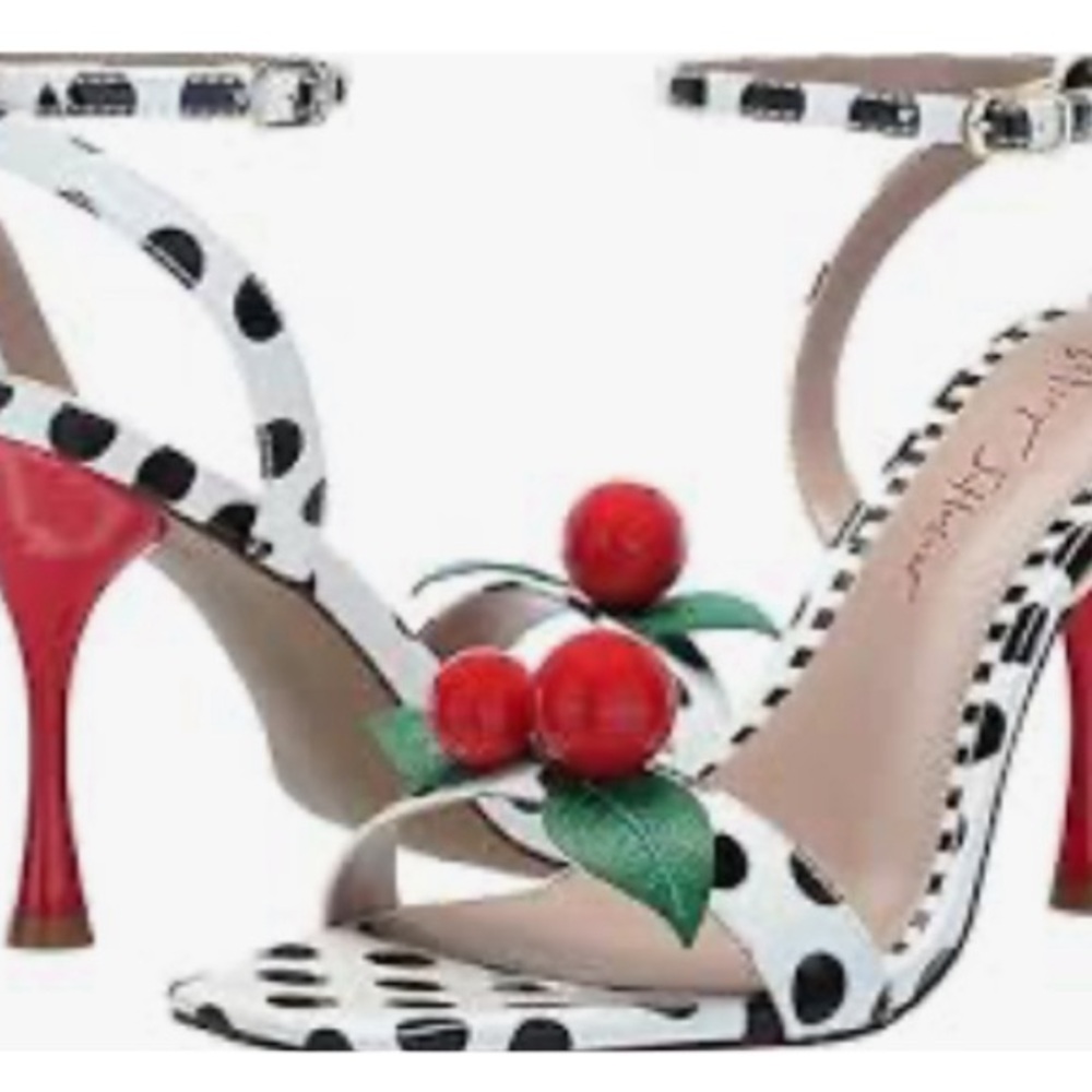 Betsey Johnson Black and White Polka Dot Heels with Cherry Accents